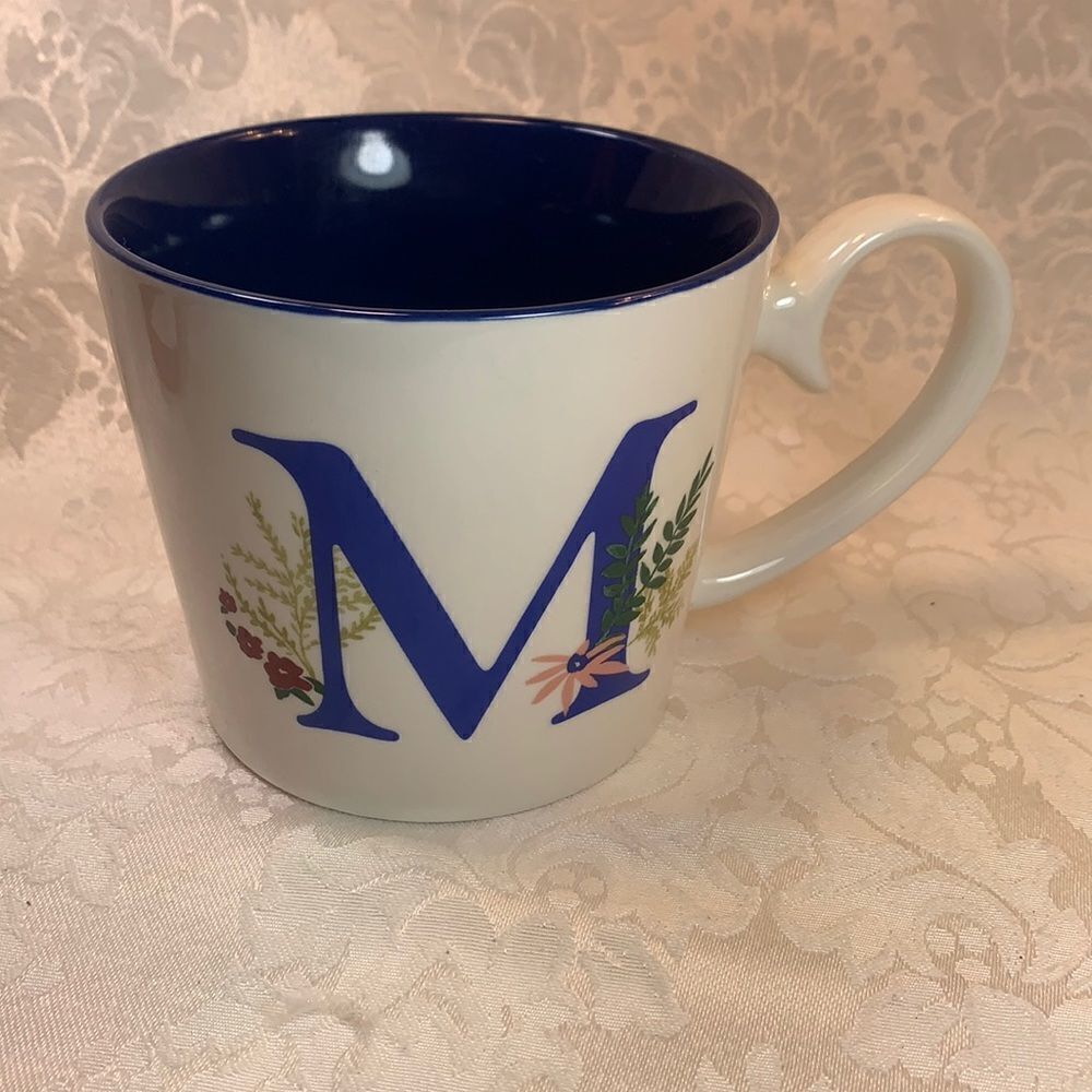 Opalhouse Stoneware Letter M White Blue Lettering Flowers Ferns Coffee Tea Mug